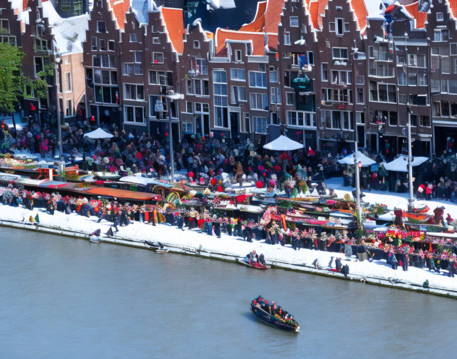 Colorful Canal Parade with Flower-Decked Boats in Dutch Cityscape