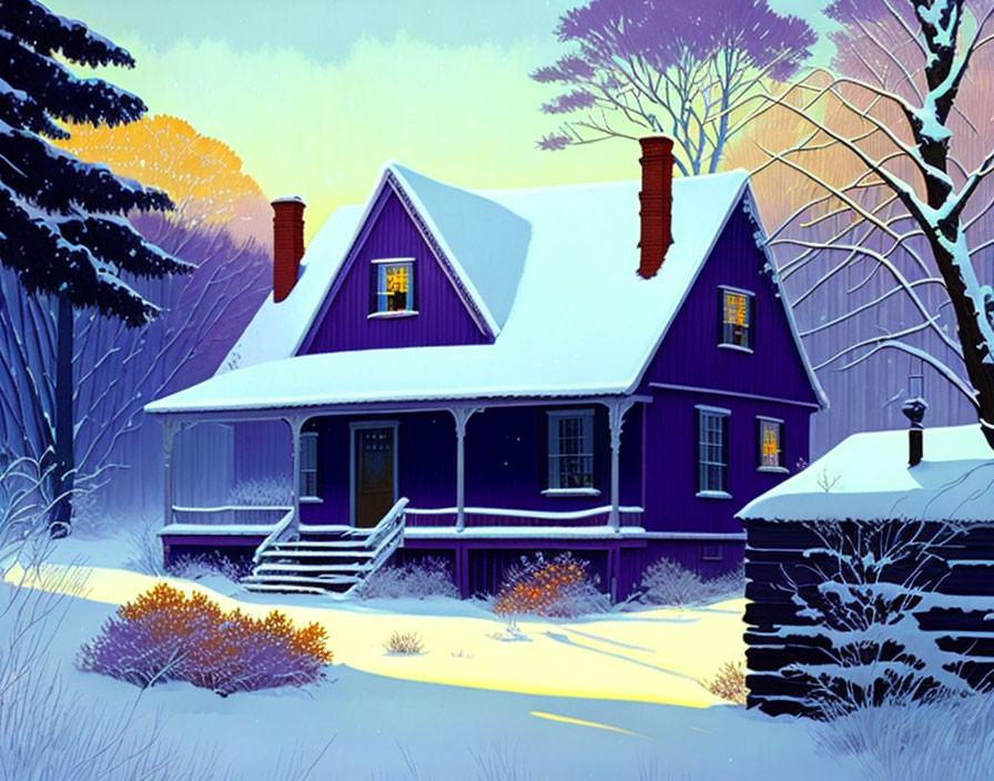 Purple house with glowing windows in snowy twilight landscape