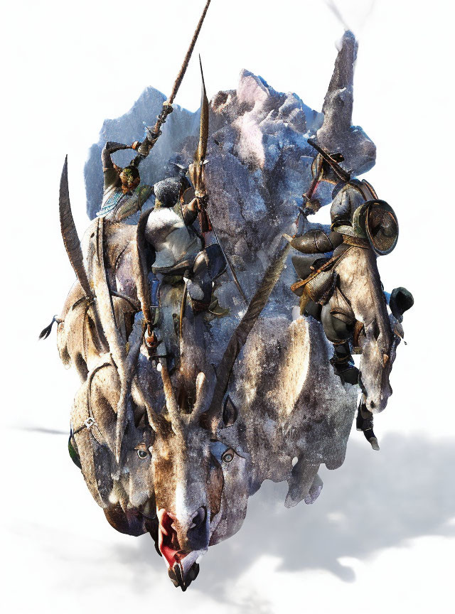 Surreal artwork of climbers on floating, animal head-shaped mountain