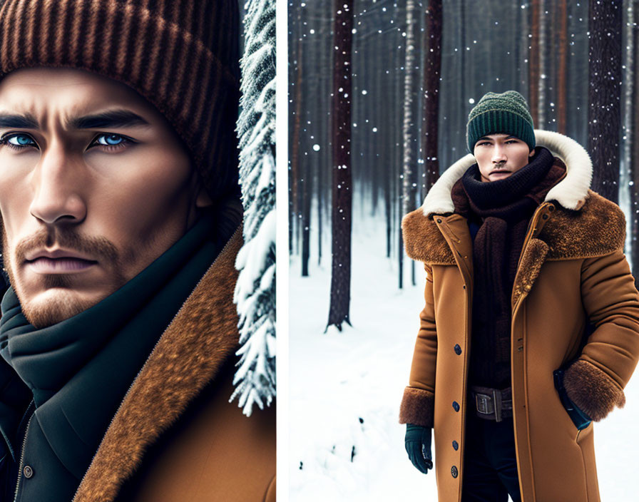 Person in Winter Clothing Stands in Snowy Forest with Blue Eyes