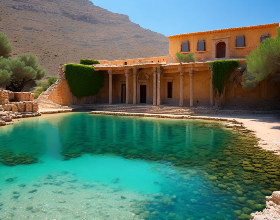 Turquoise Pool and Traditional Orange Building with Columns and Arches