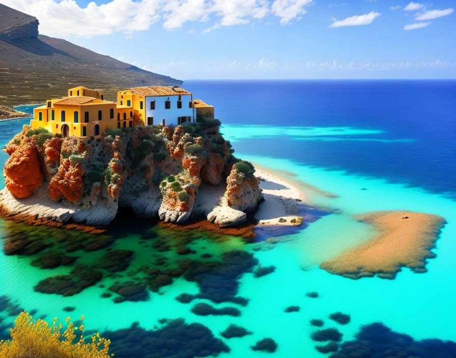 Vibrant coastal landscape with blue sea, clear sky, grand house on rocky outcrop.