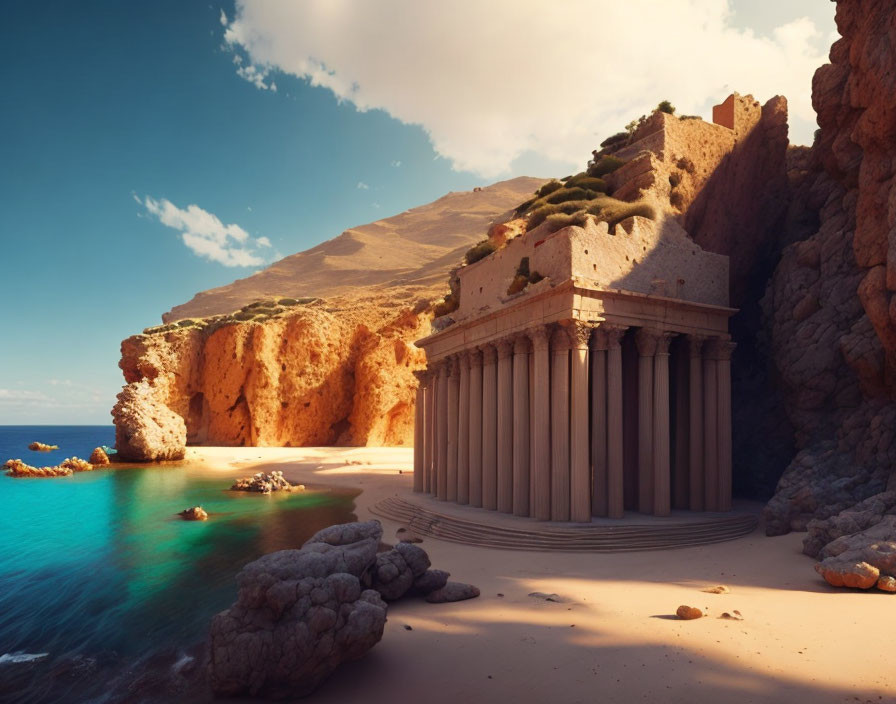 Ancient Greek temple ruins on seaside cliffs with blue sky