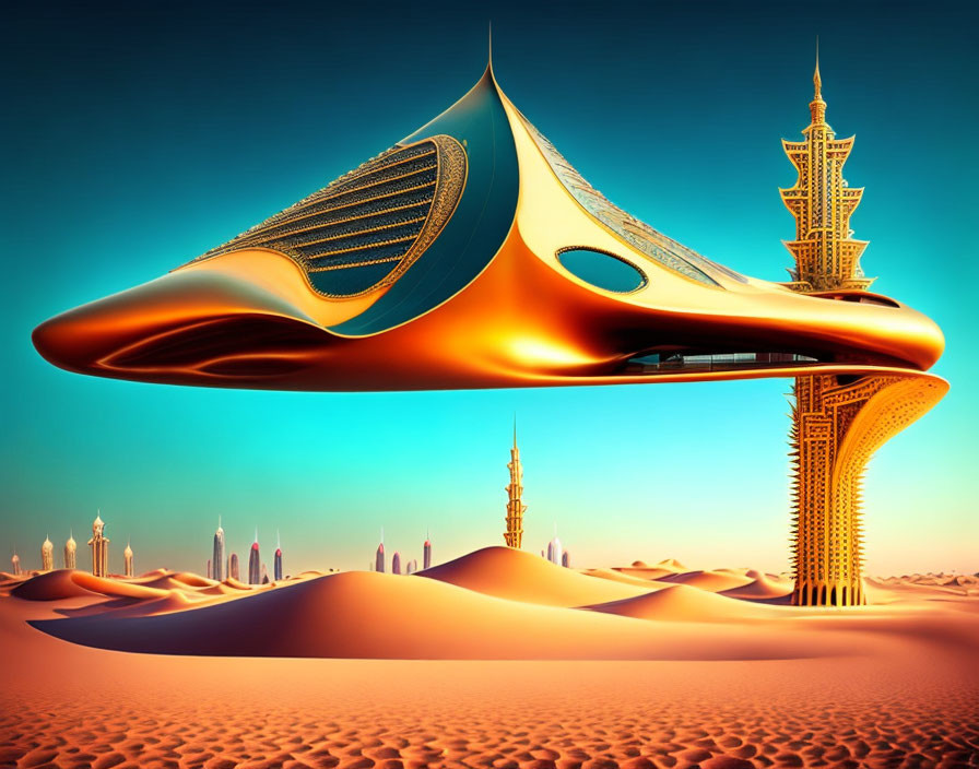 Futuristic cityscape with flying structure above sand dunes & innovative towers.