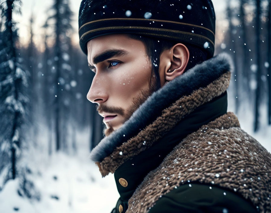 Man in winter cap and fur coat gazes in snowy forest setting