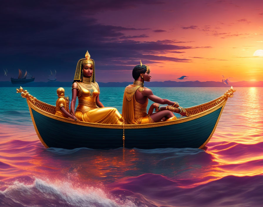 Egyptian-themed figures in boat on purple ocean at sunset with distant sailboats and birds.