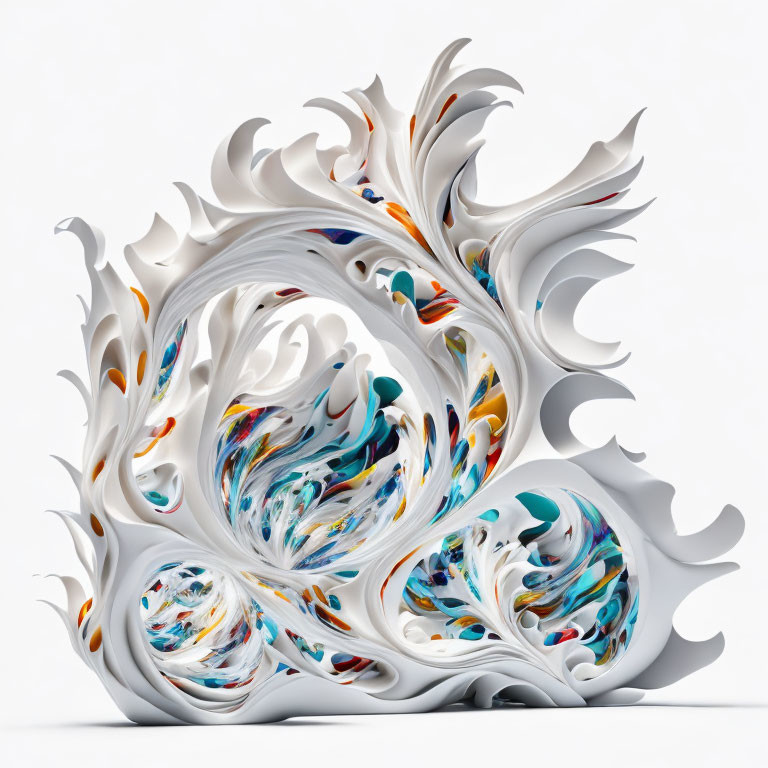 Abstract Digital Artwork: White Swirls with Multicolored Accents