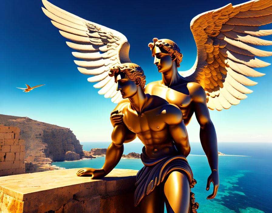 Winged statues overlooking serene sea on cliff under blue sky