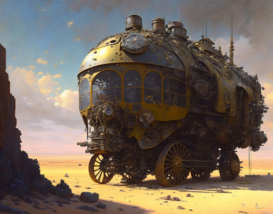 Steampunk-style locomotive with gears and pipes in desert landscape