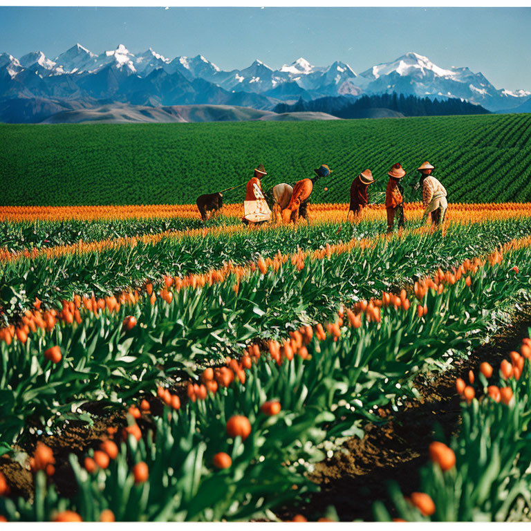 Vibrant tulip field with workers, greenery, and mountains in the background