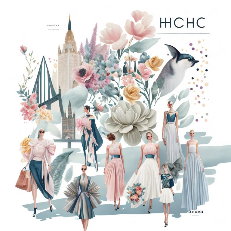 Pastel dresses with floral motifs, city landmarks, and bird illustration.