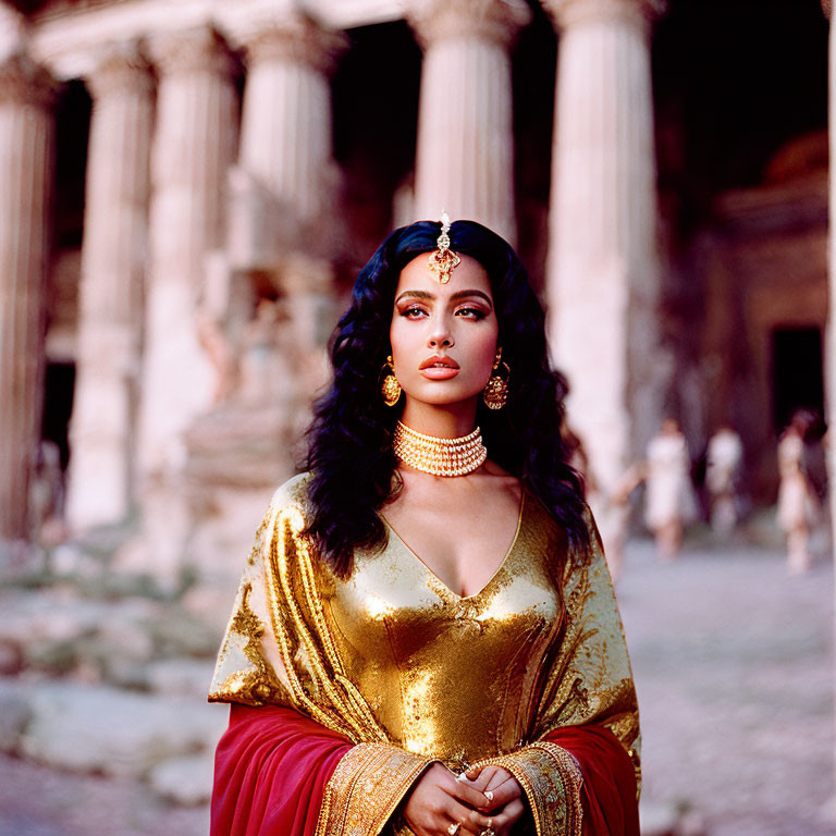 Traditional Indian Attire Woman with Gold Jewelry at Ancient Ruins