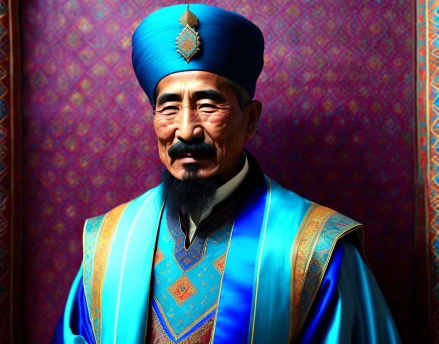 Elderly man in blue traditional attire and turban against ornate backdrop