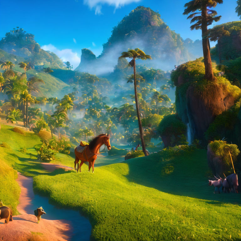 Scenic image of lush valley with horse, waterfalls, and tropical fauna