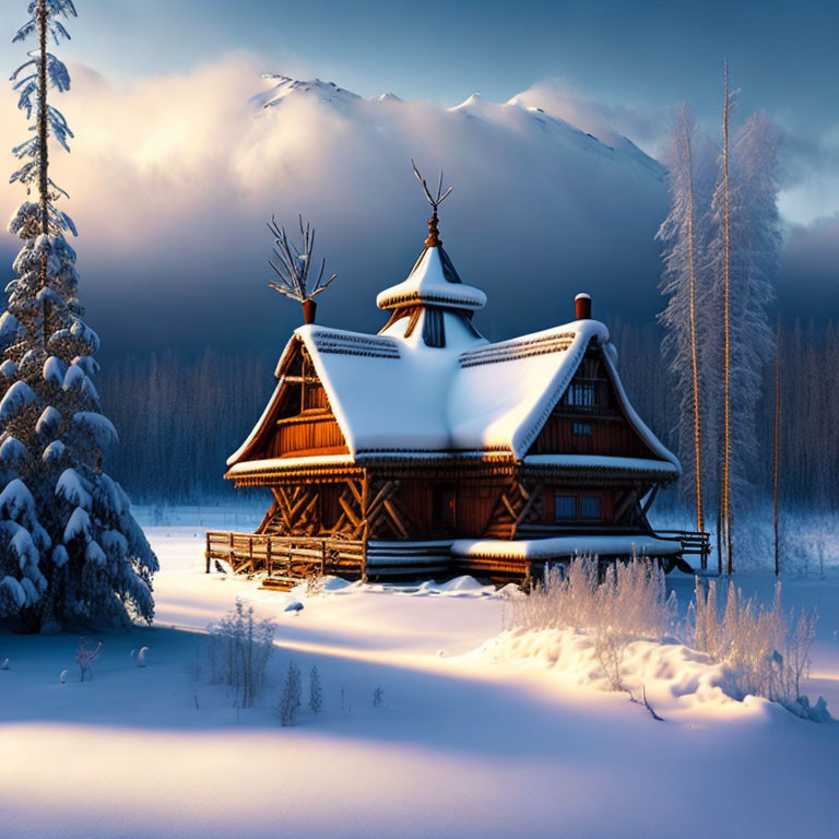 Traditional wooden house in winter landscape with snow-covered roof & mountains at dusk