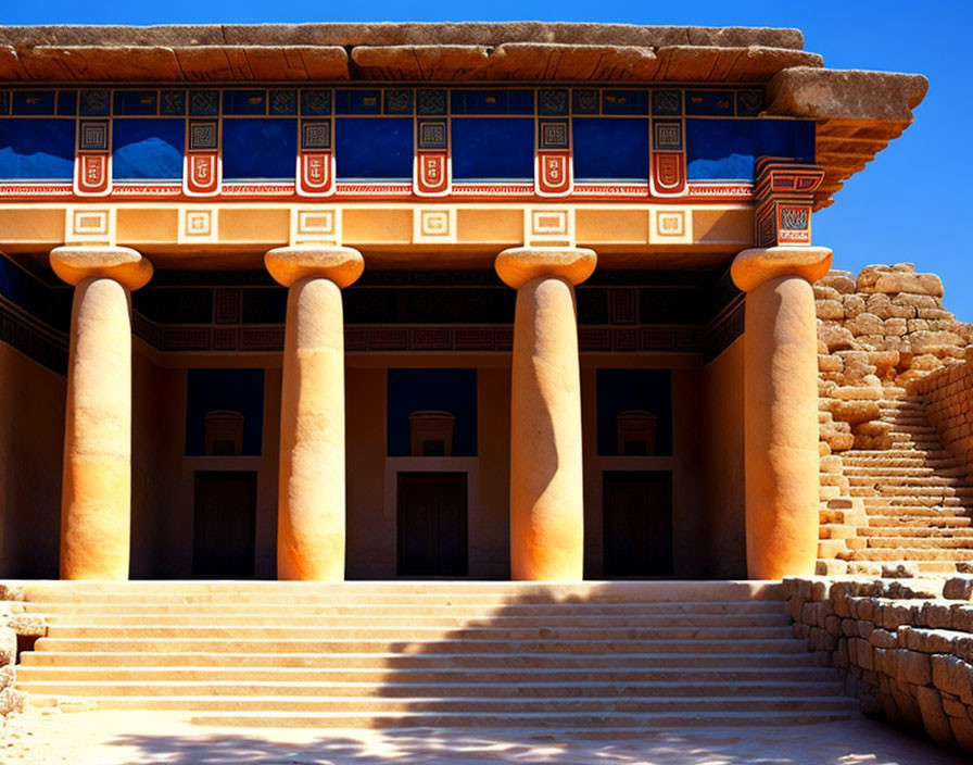 Ancient Egyptian temple facade with vibrant blue and orange detailing