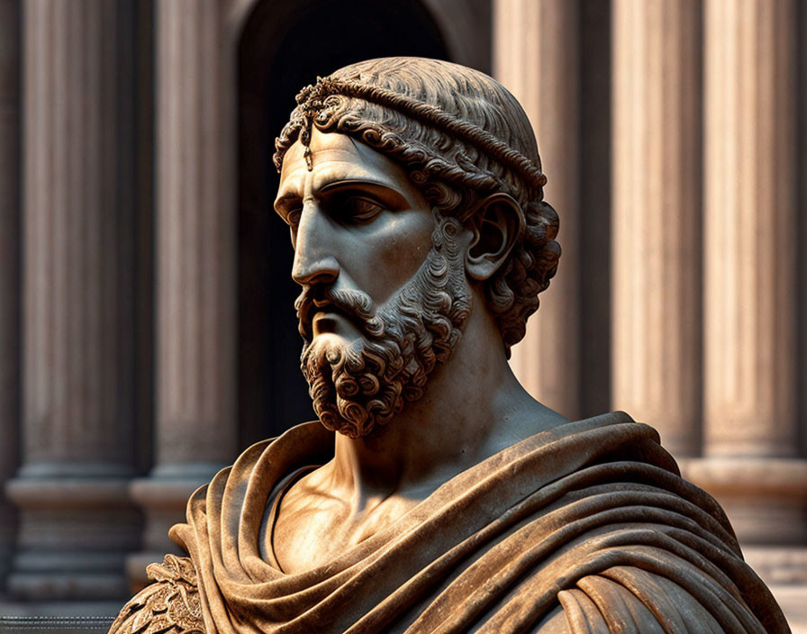 Bearded man statue in classical drapery against blurred building backdrop