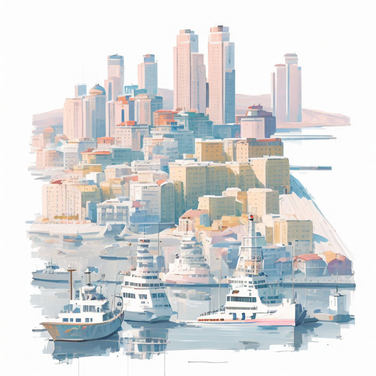 Pastel Cityscape with Skyscrapers and Waterfront Boats