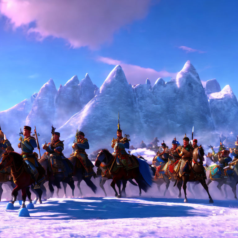 Medieval soldiers on horseback in snowy landscape with mountains