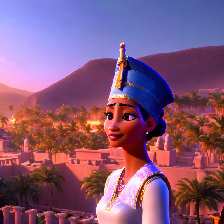 Young woman in blue headdress smiles in desert city scene