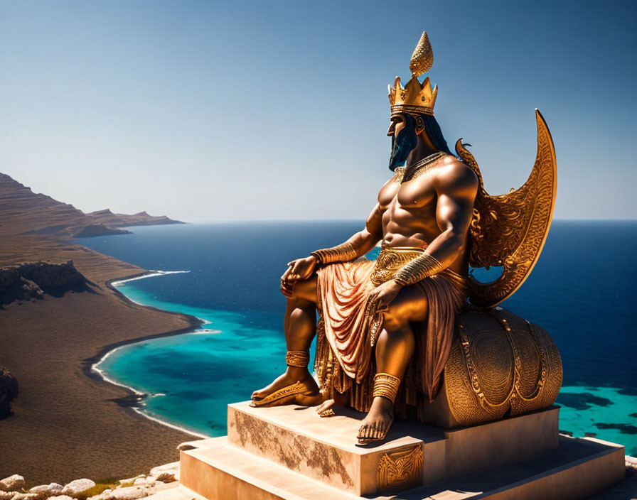 Bronze statue of bearded king with crown and cape by scenic coastline