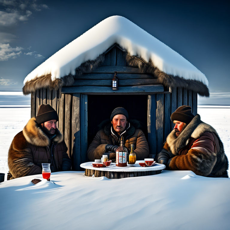 Three People in Winter Clothing at Snow-Covered Cabin Table