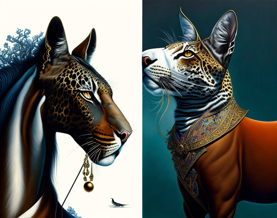 Artistic renditions of leopards with human-like adornments depicted.