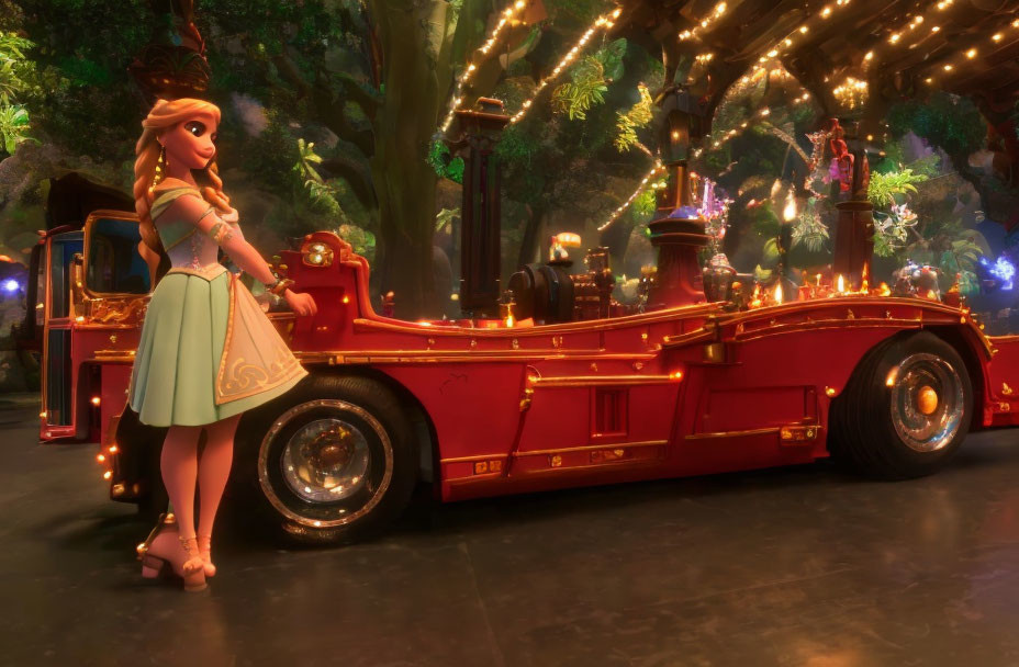 Animated character next to festive red fire engine in forest setting