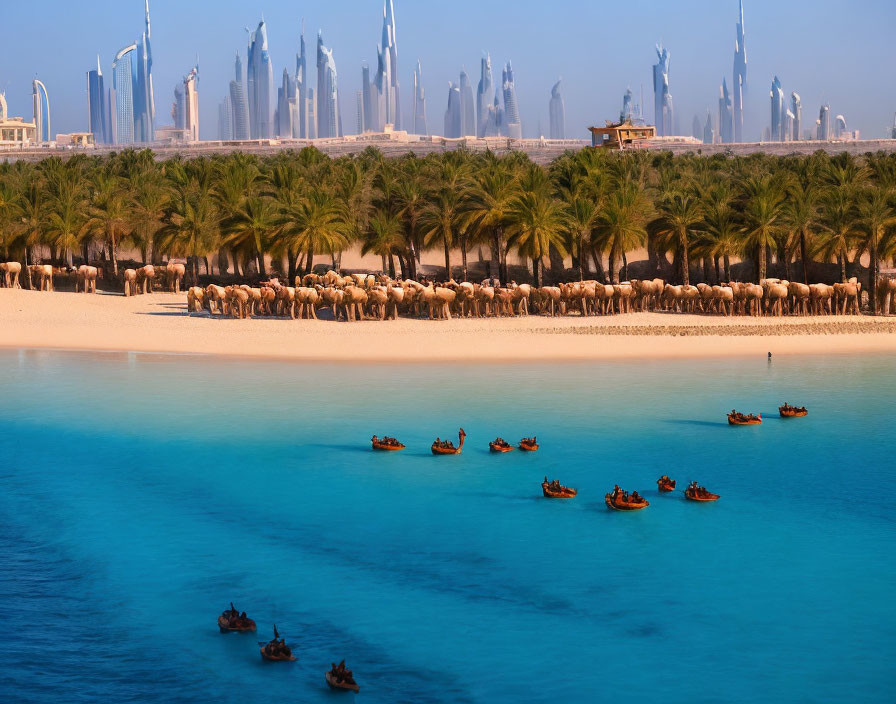 Tranquil beach scene with camels, boats, and skyscrapers