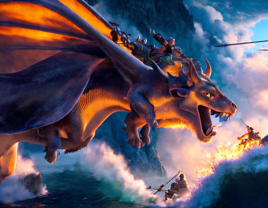 Animated dragon and rider fly over water; armed characters on dragons battle near rocky cliff at sunset.