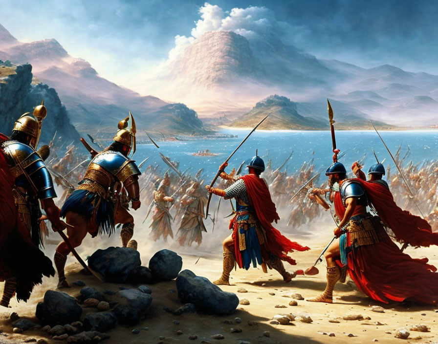 Armored warriors on beach with mountains in background