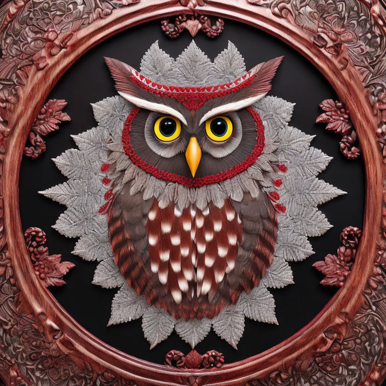 Intricately carved owl with yellow eyes and red details in ornate oval wooden frame