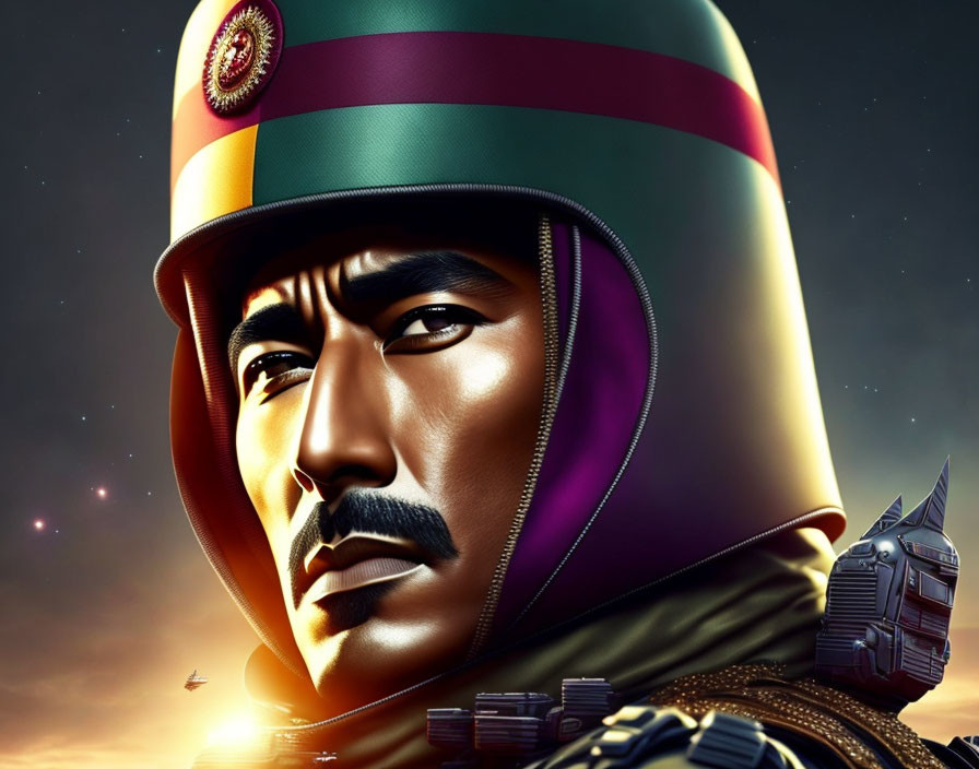 Futuristic military man illustration with colorful helmet in twilight sky