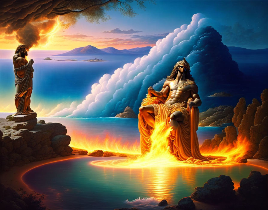 Mythical scene: man on cliff, deity on throne by water and fire, dramatic sky