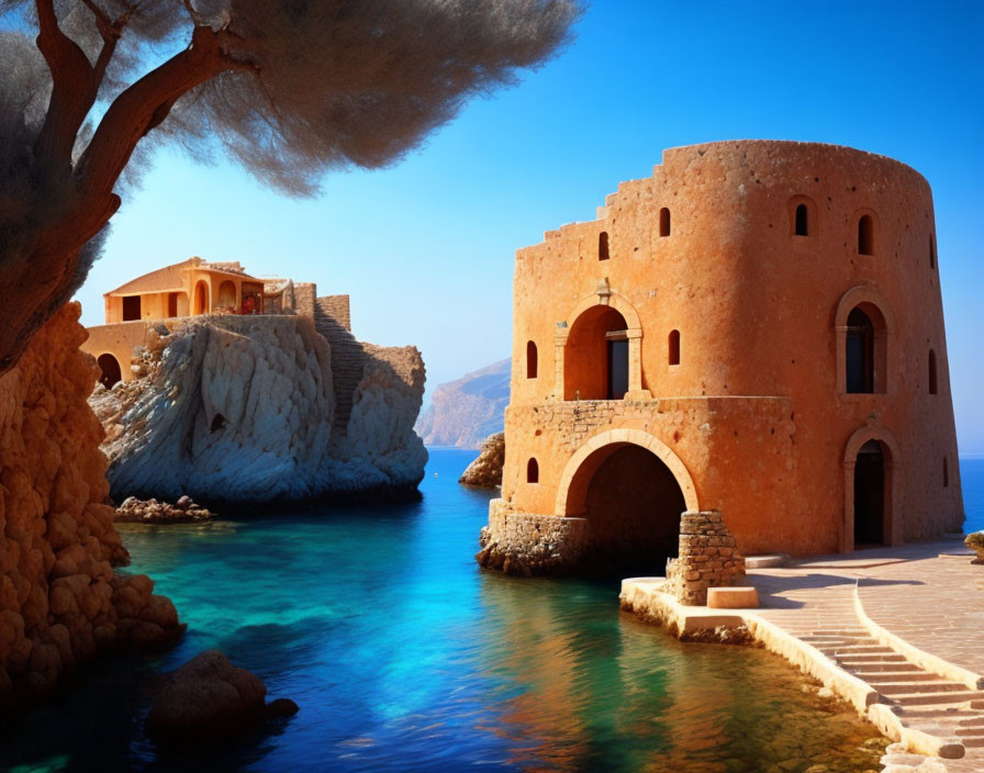 Sunlit orange fortress on rocky shore by clear blue sea