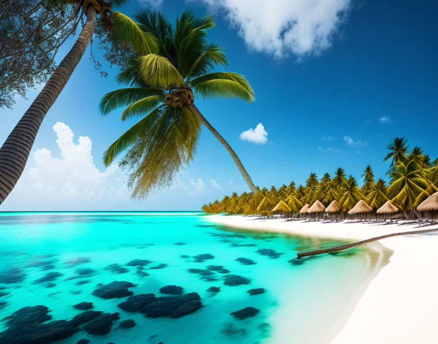 Idyllic Tropical Beach Scene with Overwater Bungalows