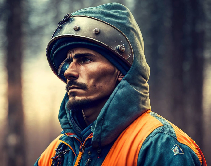 Bearded man in metal helmet and blue hooded garment in forest setting