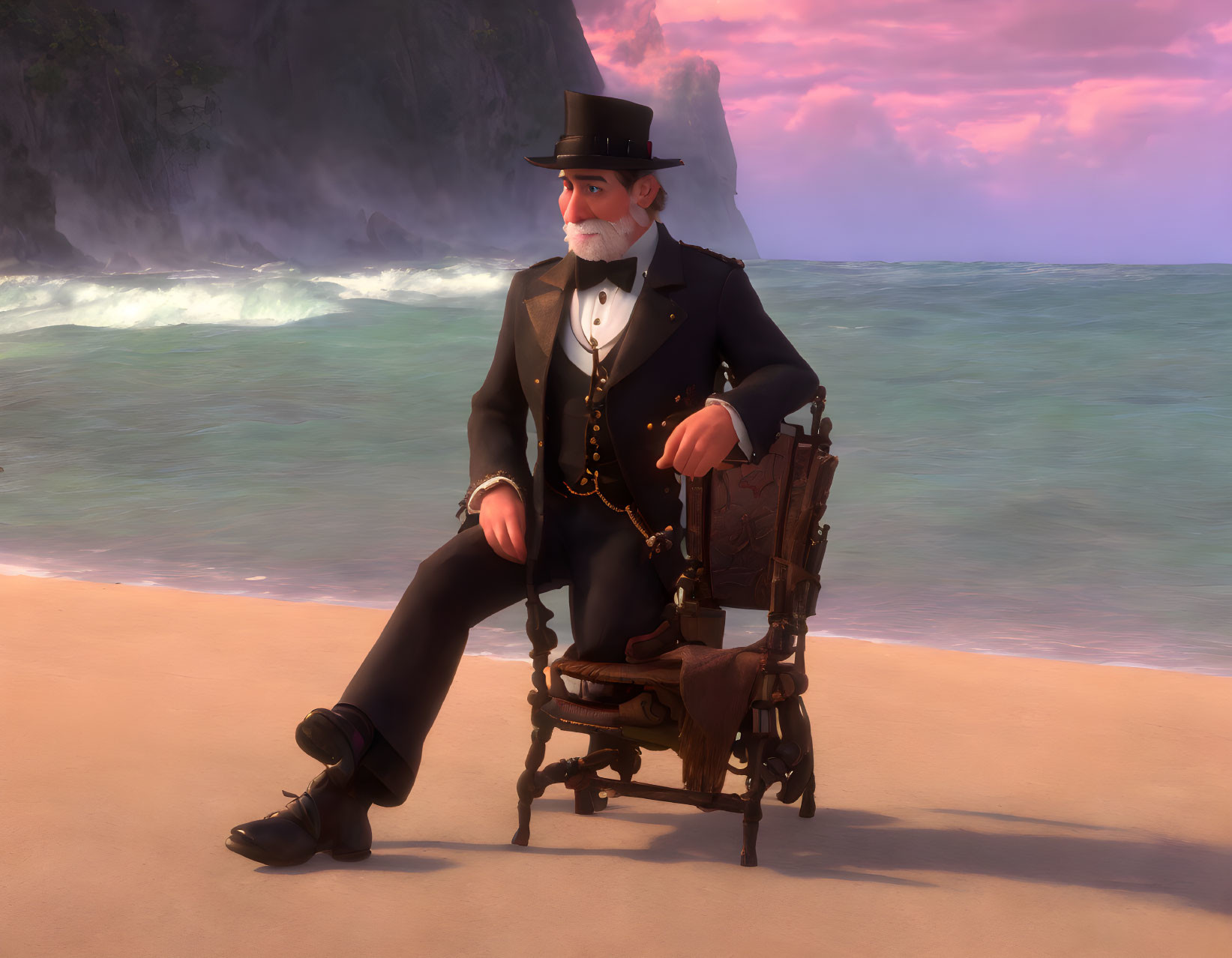 Animated Abraham Lincoln-inspired character in wooden chair on beach at sunset