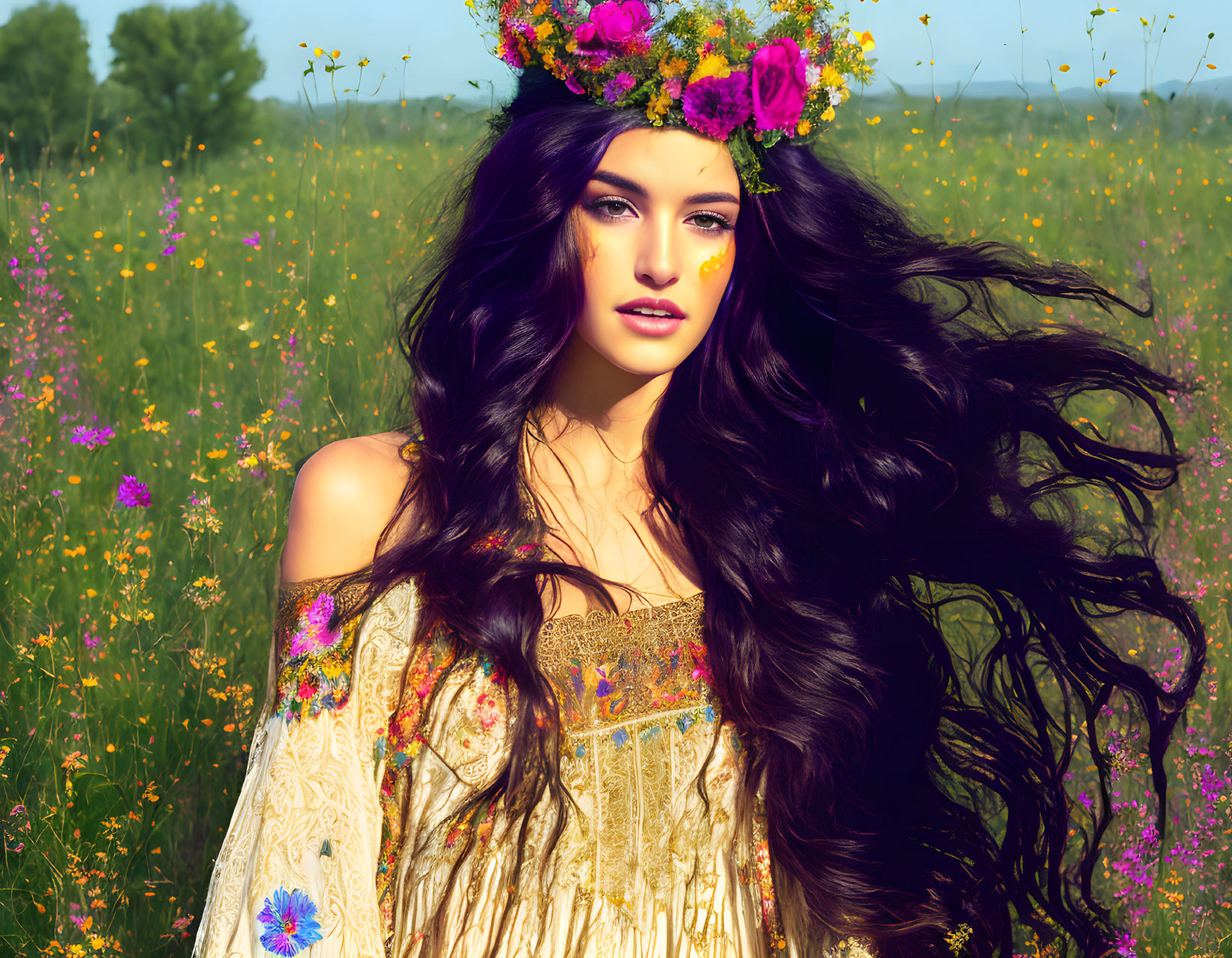 Woman with long, wavy hair in floral crown surrounded by colorful wildflowers in embroidered dress