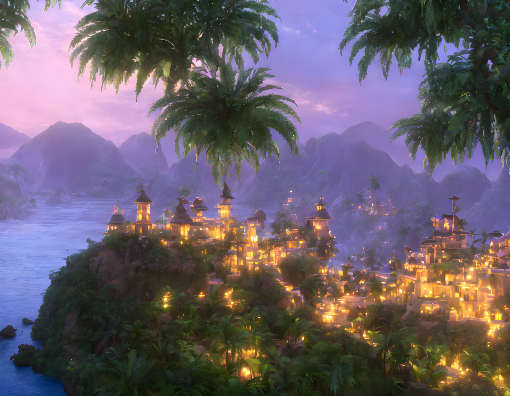 Scenic riverside village with illuminated pagodas and mountains at twilight