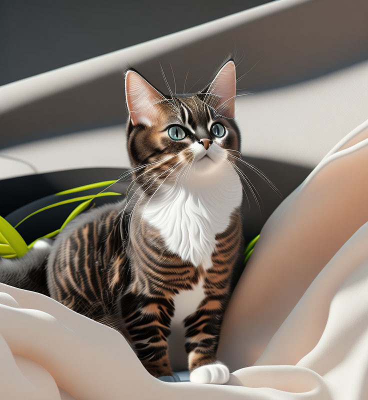 Tabby Cat with White Chest and Green Eyes Sitting Inside