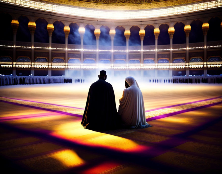 Silhouetted couple on vibrant carpet in grand dome setting