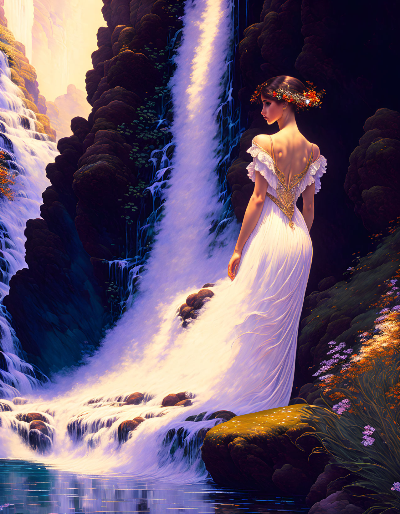 Woman in white dress near waterfall with lush foliage