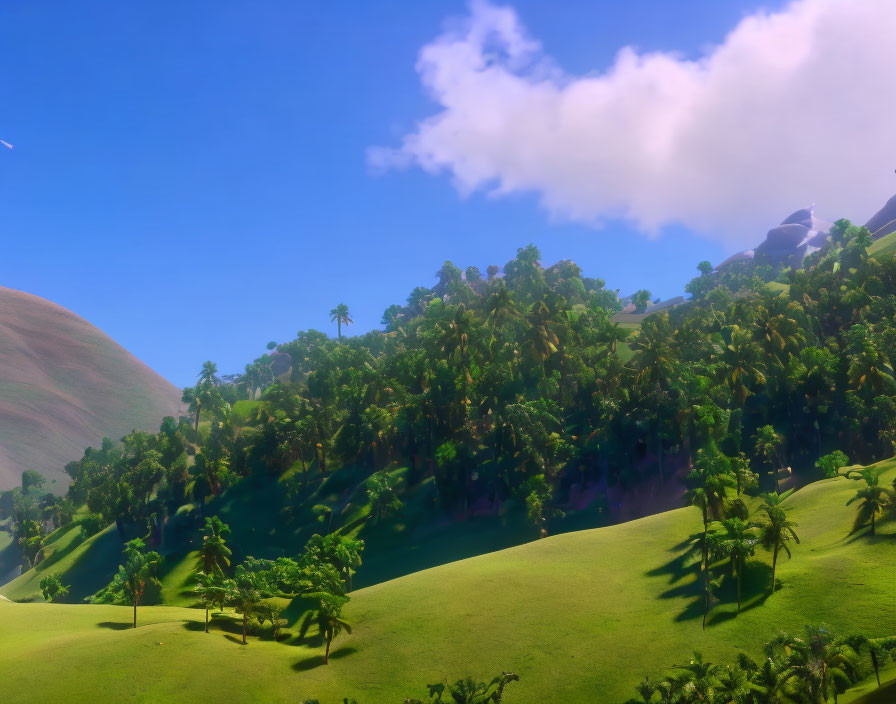 Computer-generated landscape of lush green hills and tropical forest under a clear blue sky