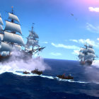 Sailing ships on vivid blue ocean with billowing sails