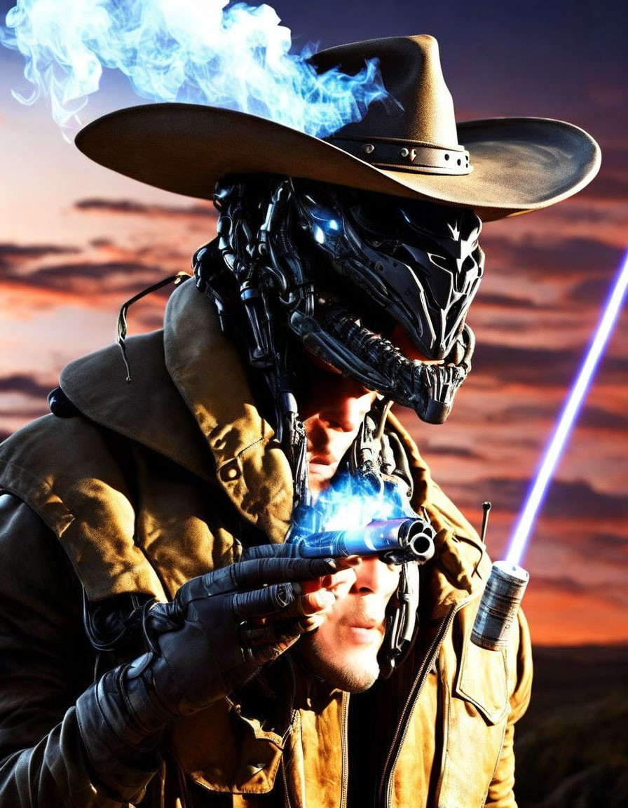 Cowboy-themed futuristic art with figure in hat smoking, robotic face, and blue laser beam.