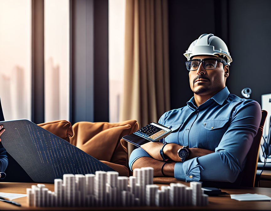 Architect in hard hat with calculator near model building.