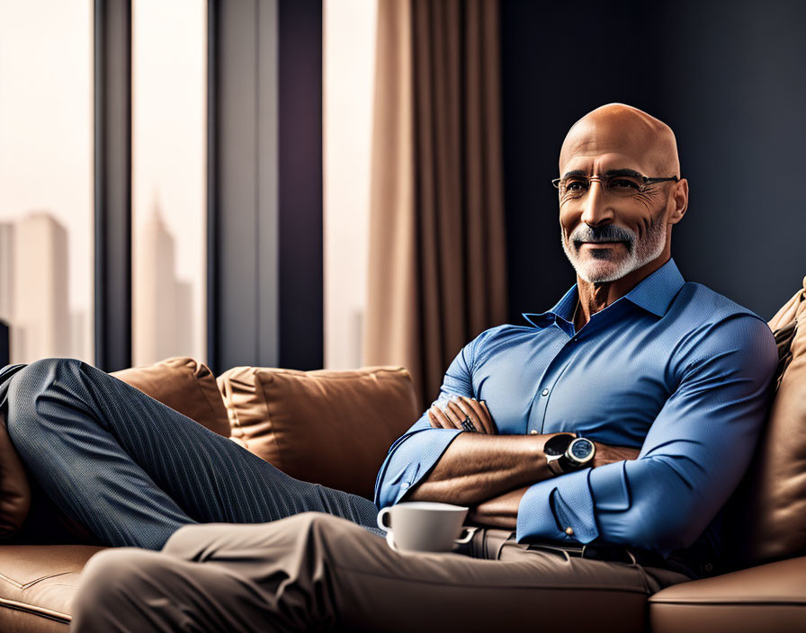 Bald Man in Blue Shirt and Glasses Sitting on Sofa with City View