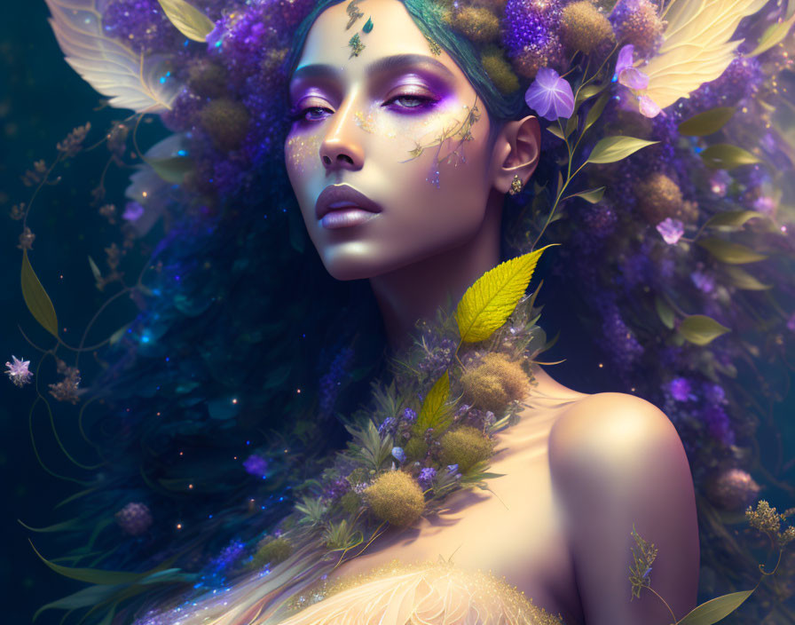 Purple-skinned woman in fantasy garden with ethereal vibe