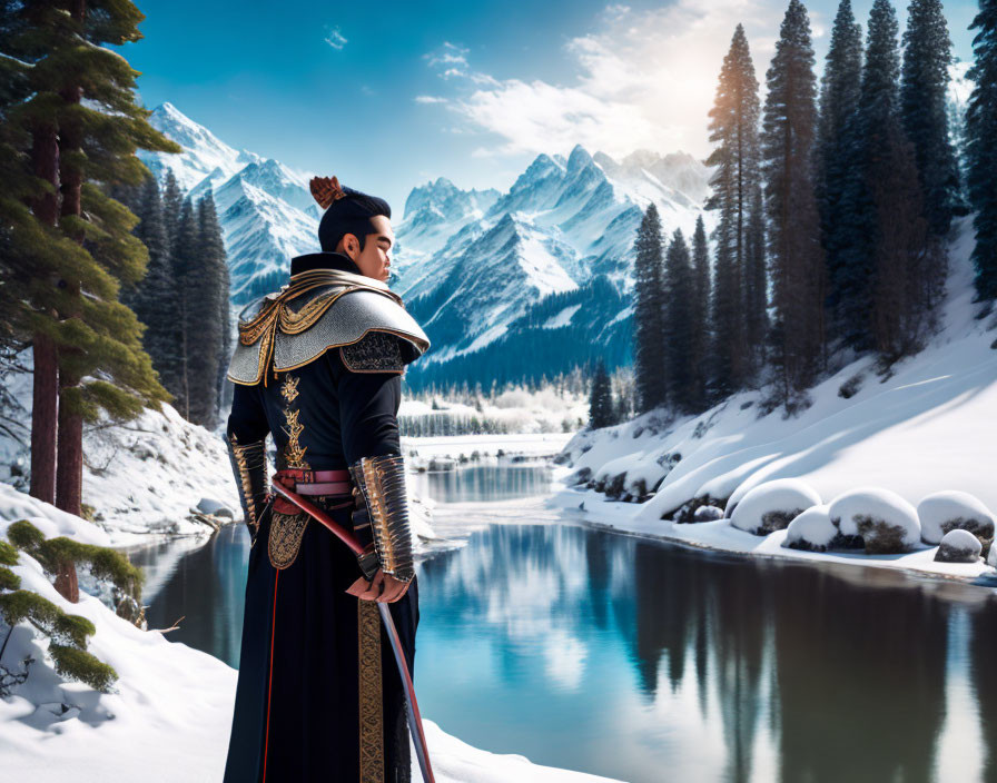 Warrior in Elaborate Armor Contemplating Snowy Mountain Landscape